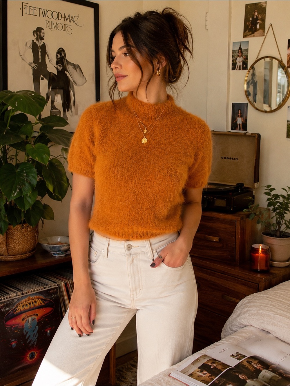 Pilcro Fuzzy Mock Neck Short Sleeve Sweater XS Rust Orange Cropped